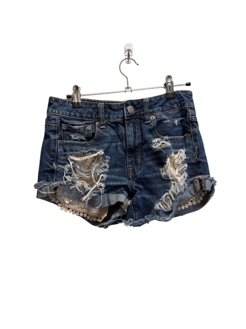 American Eagle Distressed Denim Shorts With Lace Details Size 2 Womens Mid-Rise